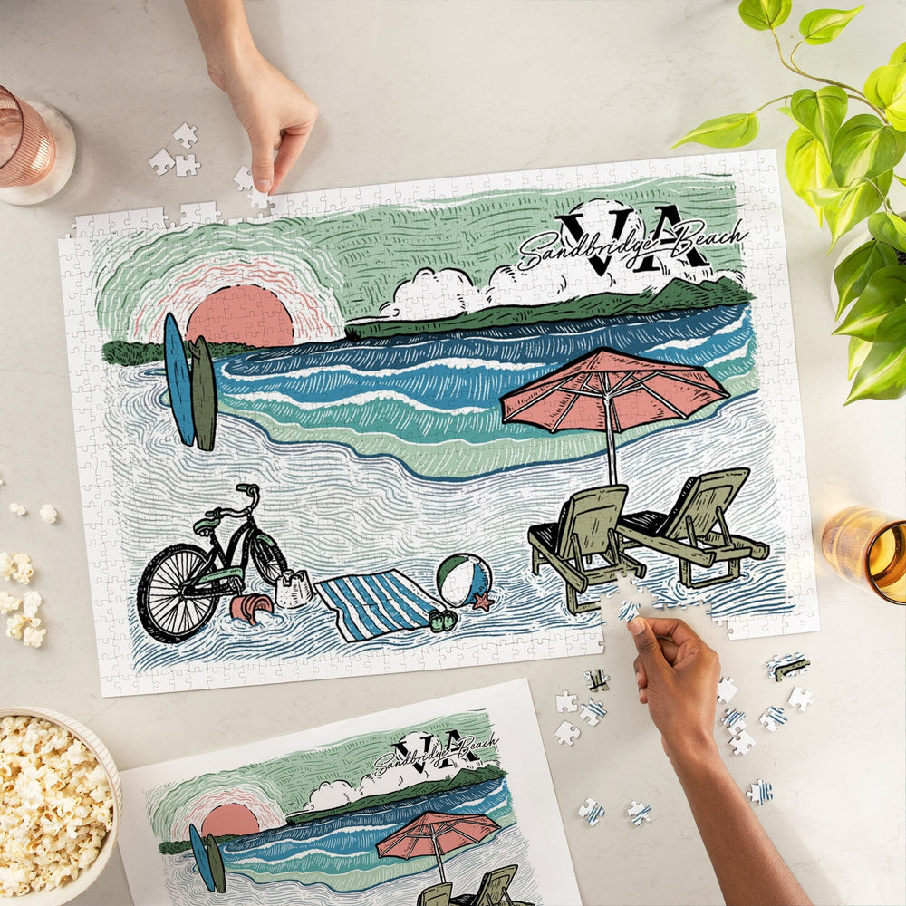 Norfolk, Virginia, Beach Scene Sketch, Jigsaw Puzzle Puzzle Lantern Press 