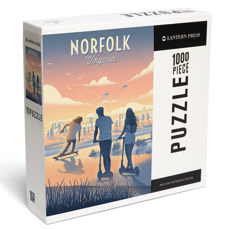 Norfolk, Virginia, Lithograph, Enjoy the Ride, Longboards and Scooters, Jigsaw Puzzle Puzzle Lantern Press 