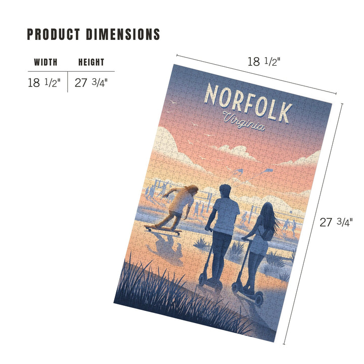 Norfolk, Virginia, Lithograph, Enjoy the Ride, Longboards and Scooters, Jigsaw Puzzle Puzzle Lantern Press 