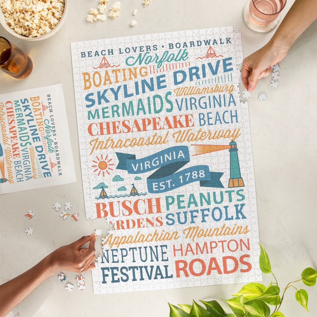 Norfolk, Virginia, Typography Stacked, Jigsaw Puzzle Puzzle Lantern Press 