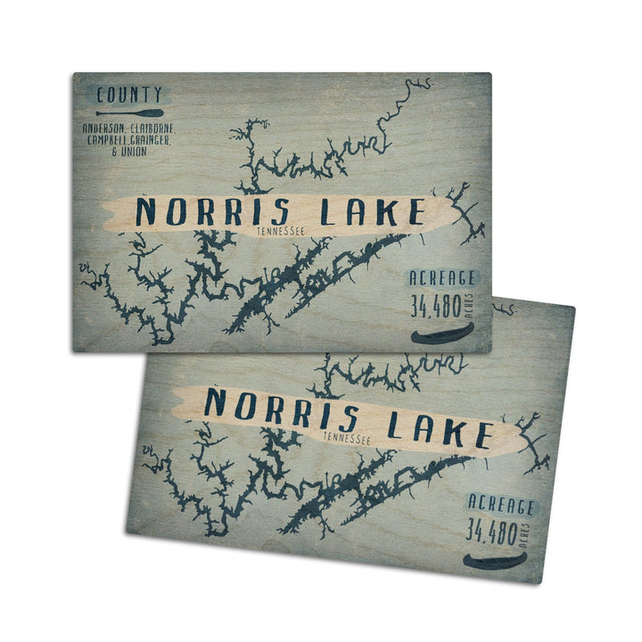 Norris Lake, Tennessee, Lake Essentials, Shape, Acreage & County, Lantern Press Artwork, Wood Signs and Postcards Wood Lantern Press 4x6 Wood Postcard Set 