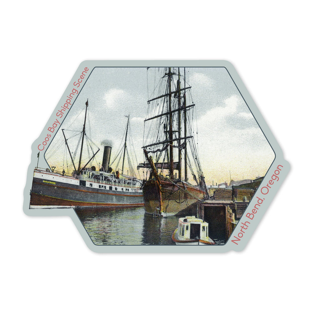 North Bend, Oregon, Contour, A Coos Bay Shipping Scene at Dock, Vinyl Sticker Sticker Lantern Press 