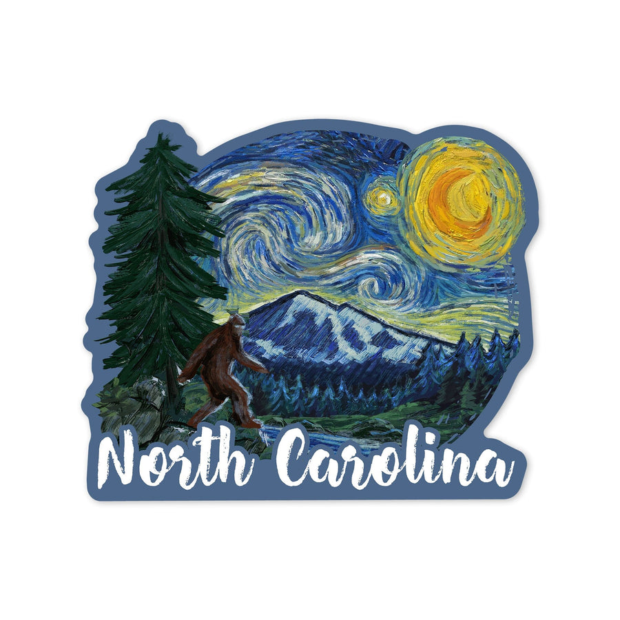 North Carolina, Bigfoot, Starry Night, Contour, Lantern Press Artwork, Vinyl Sticker Sticker Lantern Press 