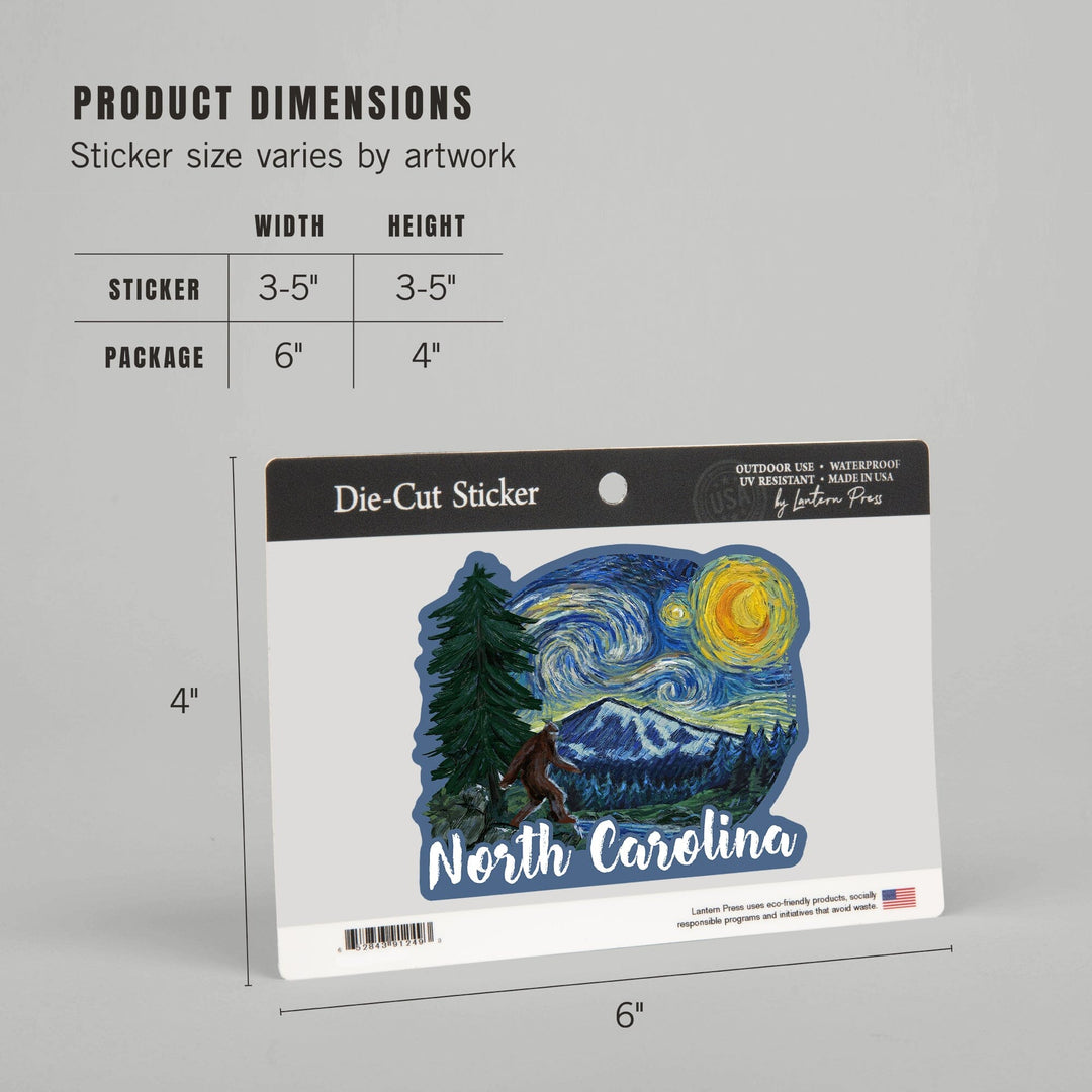 North Carolina, Bigfoot, Starry Night, Contour, Lantern Press Artwork, Vinyl Sticker Sticker Lantern Press 
