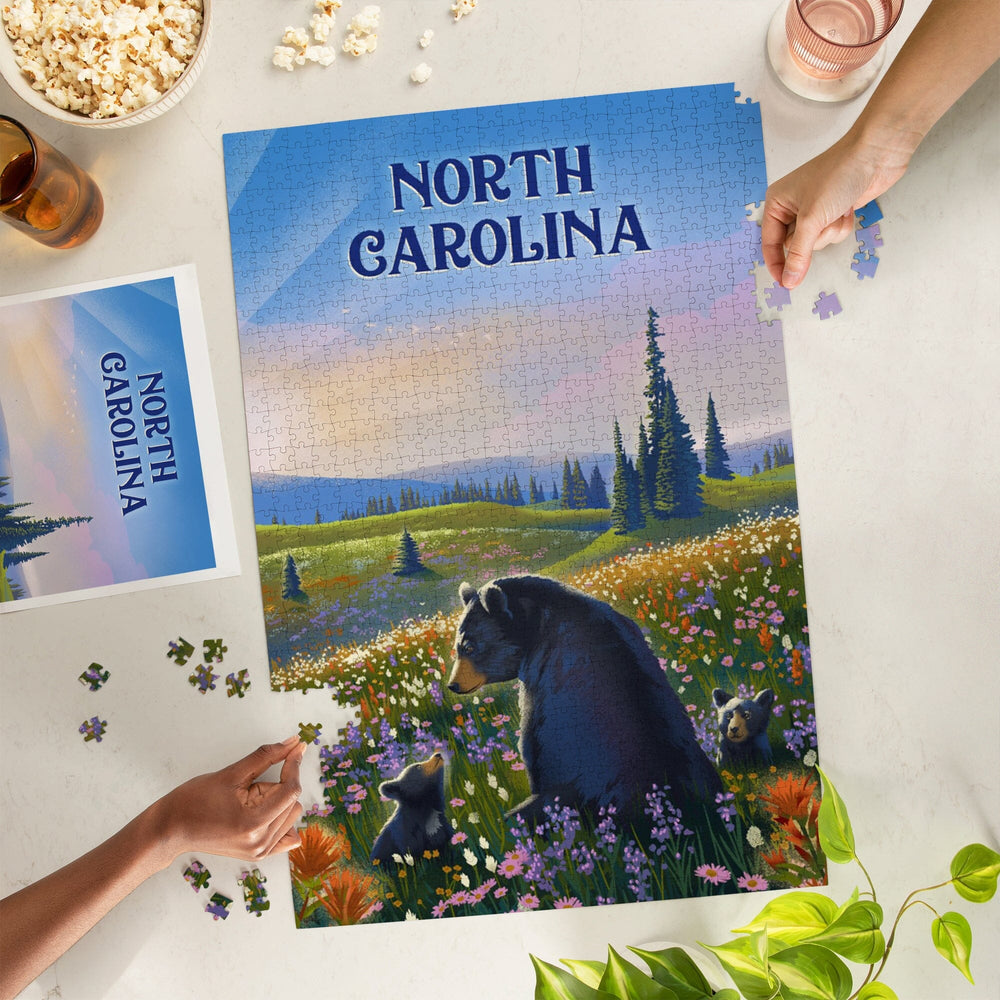 North Carolina, Lithograph, Bear Family in Field, Jigsaw Puzzle Puzzle Lantern Press 