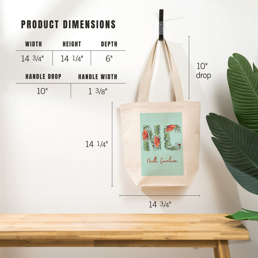 North Carolina, NC, Floral Abbreviation, Lantern Press Artwork, Tote Bag Totes Lantern Press 