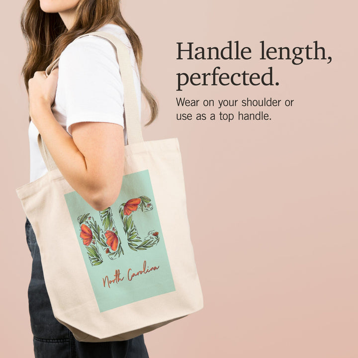 North Carolina, NC, Floral Abbreviation, Lantern Press Artwork, Tote Bag Totes Lantern Press 