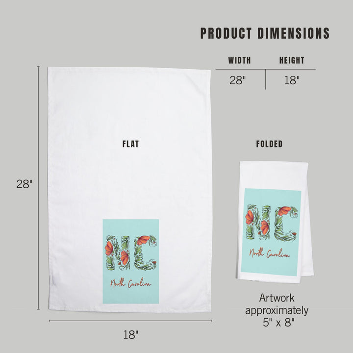 North Carolina, NC, Floral Abbreviation, Organic Cotton Kitchen Tea Towels Kitchen Lantern Press 