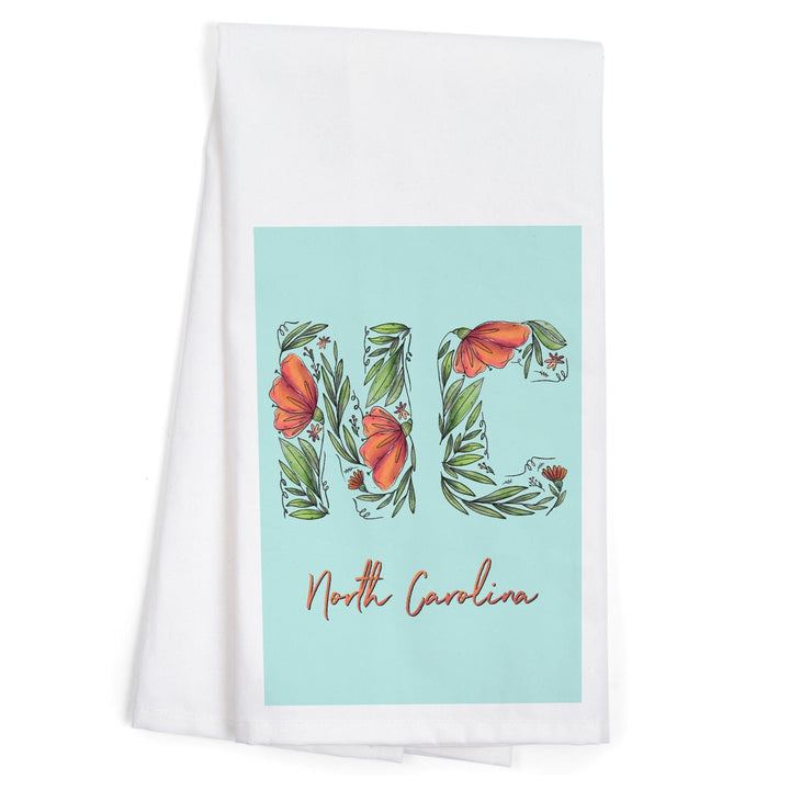 North Carolina, NC, Floral Abbreviation, Organic Cotton Kitchen Tea Towels Kitchen Lantern Press 