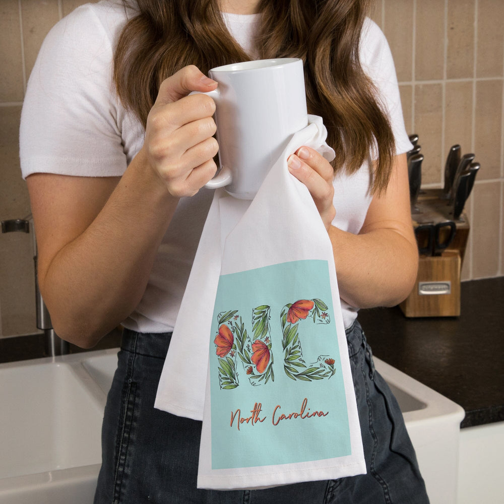 North Carolina, NC, Floral Abbreviation, Organic Cotton Kitchen Tea Towels Kitchen Lantern Press 