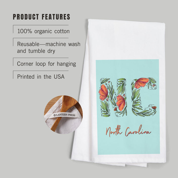 North Carolina, NC, Floral Abbreviation, Organic Cotton Kitchen Tea Towels Kitchen Lantern Press 