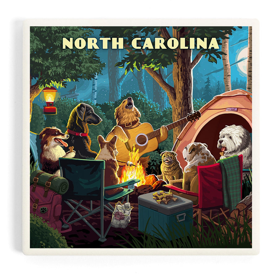 North Carolina, Painterly, Pack Life, Dogs Around Campfire, Coasters Coasters Lantern Press 