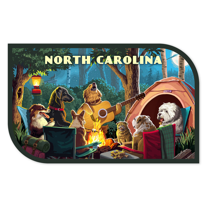 North Carolina, Painterly, Pack Life, Dogs Around Campfire, Vinyl Sticker Sticker Lantern Press 