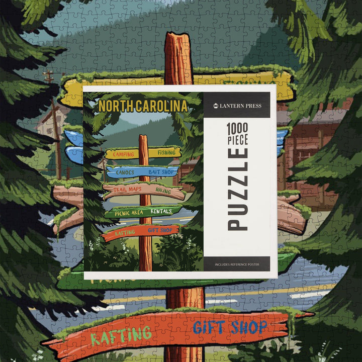 North Carolina, Signpost, Forest and Camp, Jigsaw Puzzle Puzzle Lantern Press 