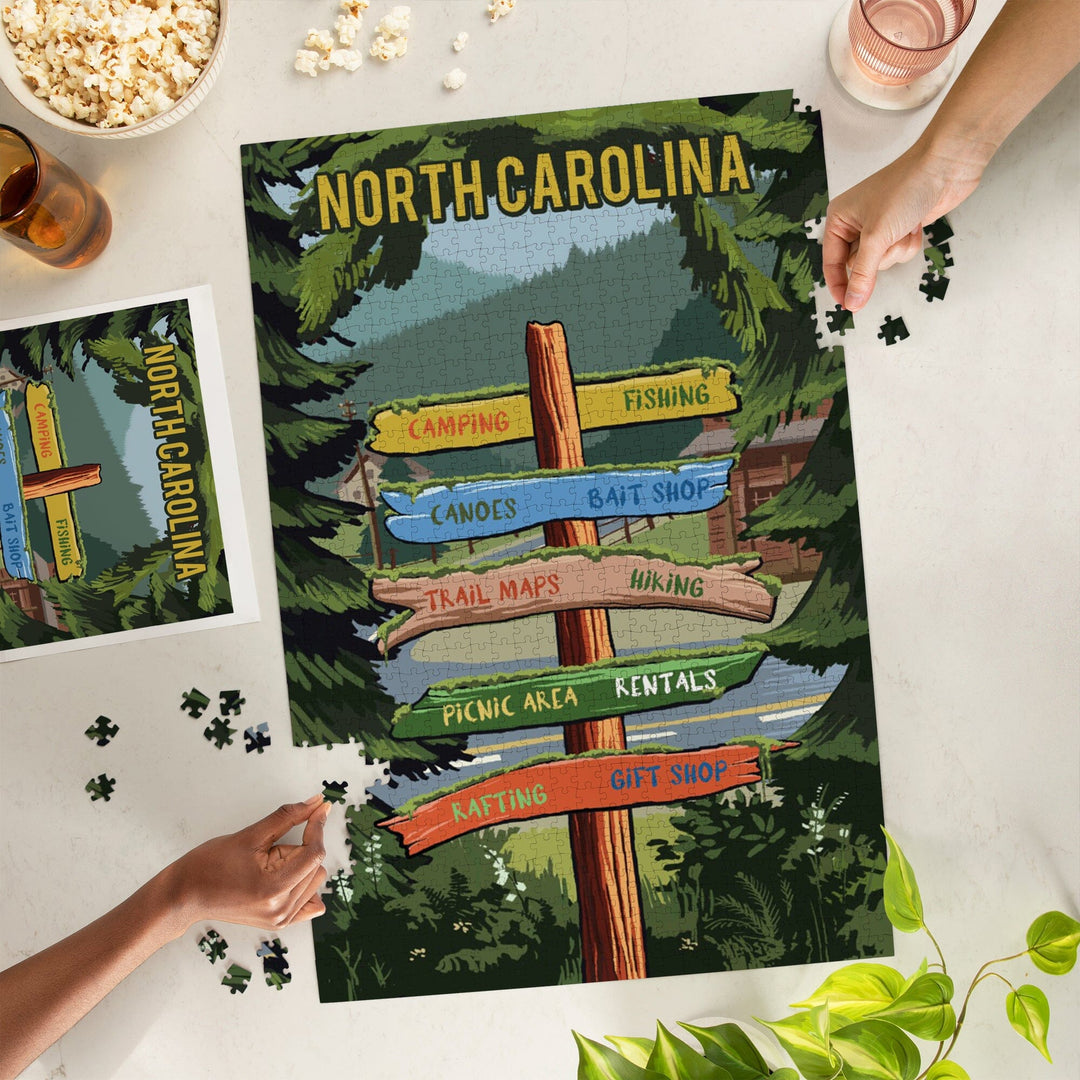North Carolina, Signpost, Forest and Camp, Jigsaw Puzzle Puzzle Lantern Press 
