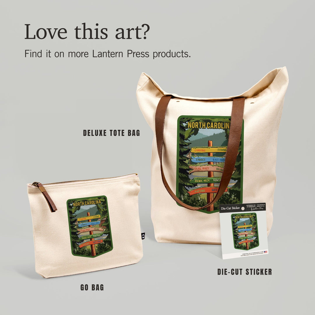 North Carolina, Signpost, Forest and Camp,, Organic Cotton Zipper Pouch, Go Bag Totes Lantern Press 