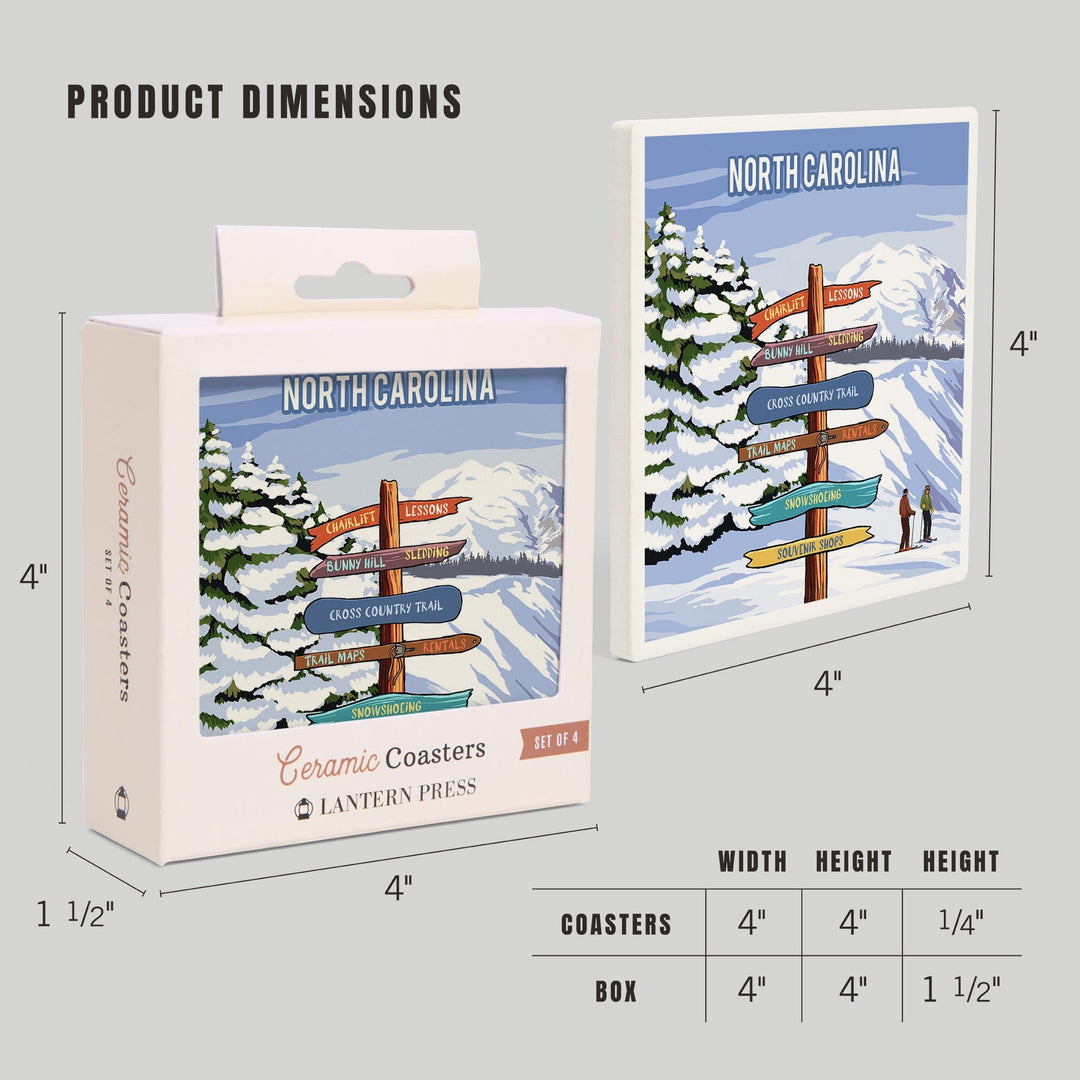 North Carolina, Signpost, Ski and Snow, Coasters Coasters Lantern Press 