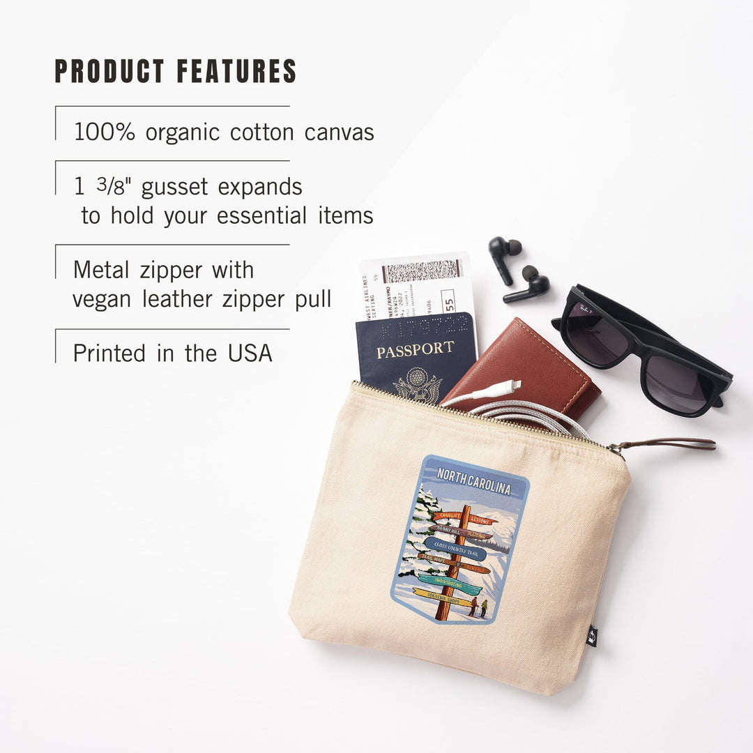 North Carolina, Signpost, Ski and Snow,, Organic Cotton Zipper Pouch, Go Bag Totes Lantern Press 