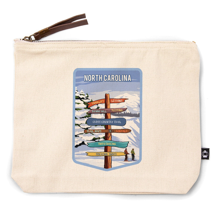 North Carolina, Signpost, Ski and Snow,, Organic Cotton Zipper Pouch, Go Bag Totes Lantern Press 