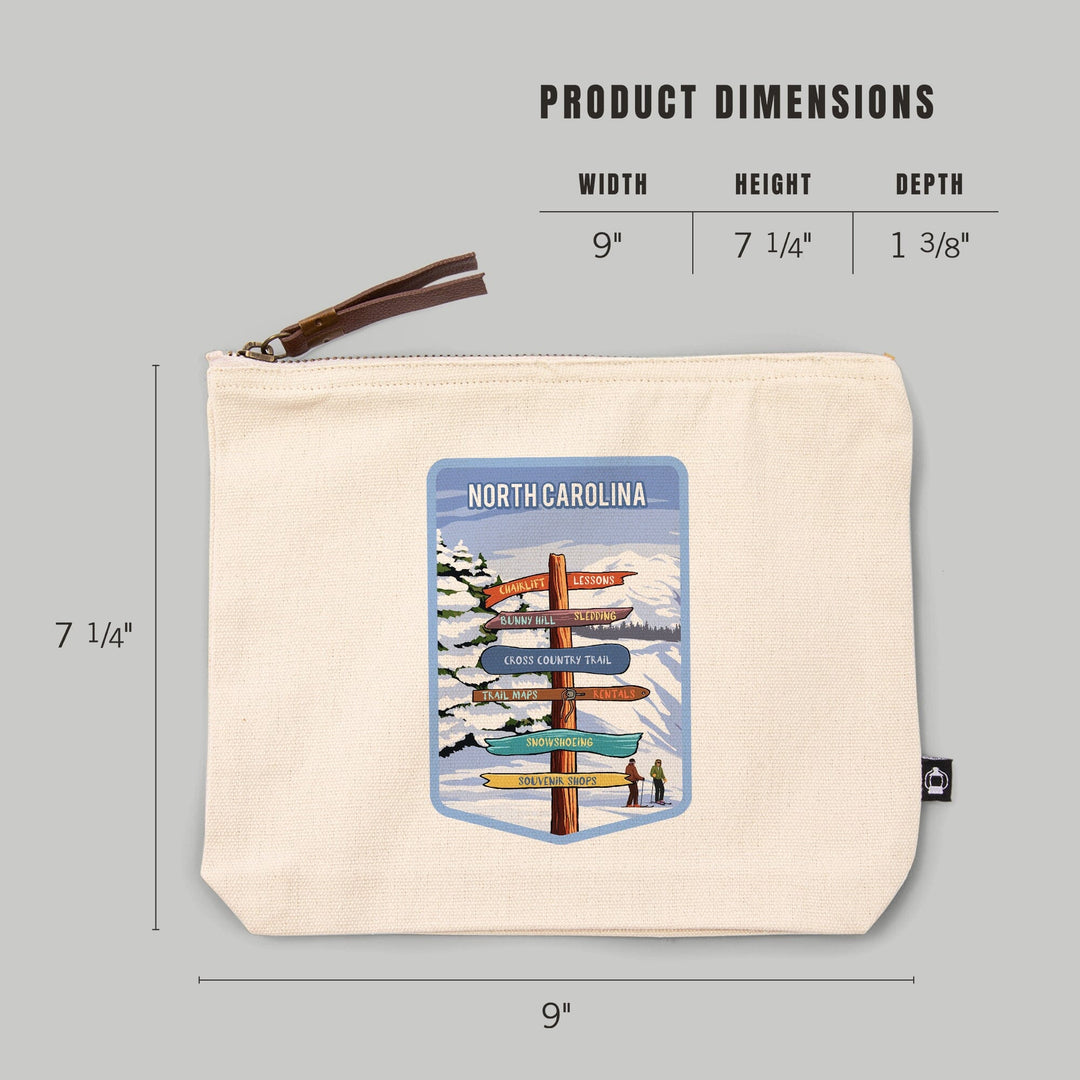 North Carolina, Signpost, Ski and Snow,, Organic Cotton Zipper Pouch, Go Bag Totes Lantern Press 