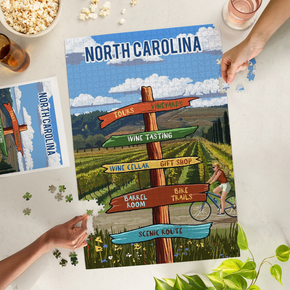 North Carolina, Signpost, Vineyard, Jigsaw Puzzle Puzzle Lantern Press 