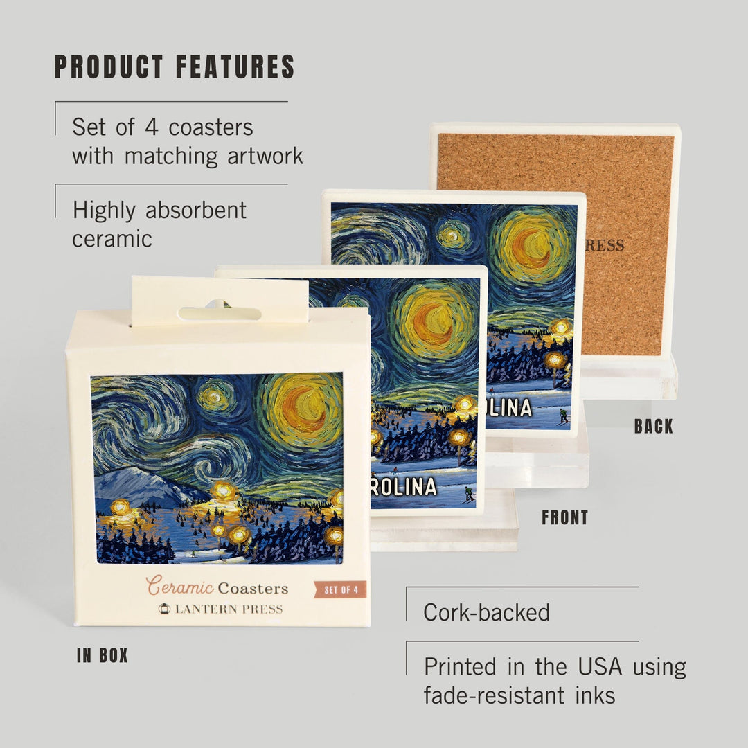 North Carolina, Starry Night, Ski, Coasters Coasters Lantern Press 