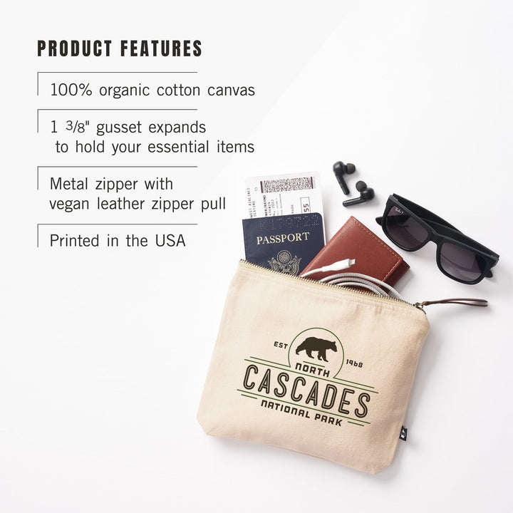 North Cascades National Park, Washington, Bear,, Organic Cotton Zipper Pouch, Go Bag Go Bag Lantern Press 