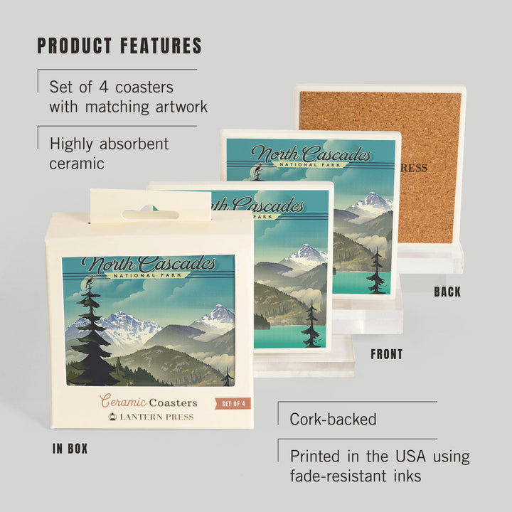 North Cascades National Park, Washington, Lithograph National Park Series, Coasters Coasters Lantern Press 