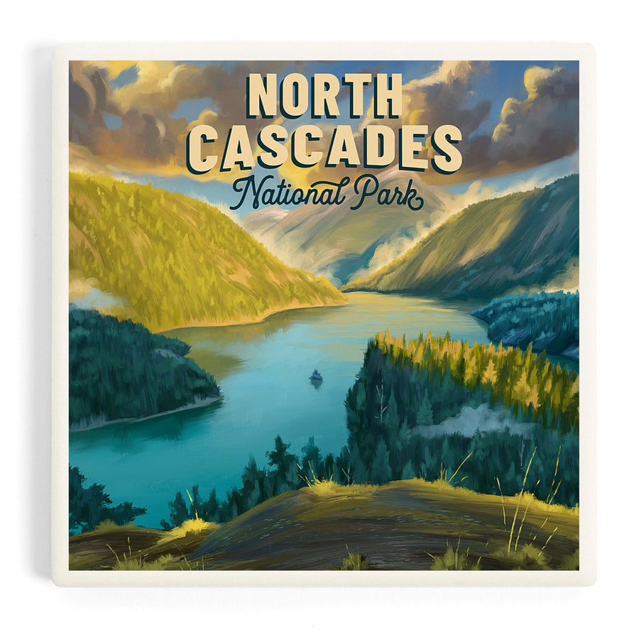 North Cascades National Park, Washington, Oil Painting National Park Series, Coasters Coasters Lantern Press 