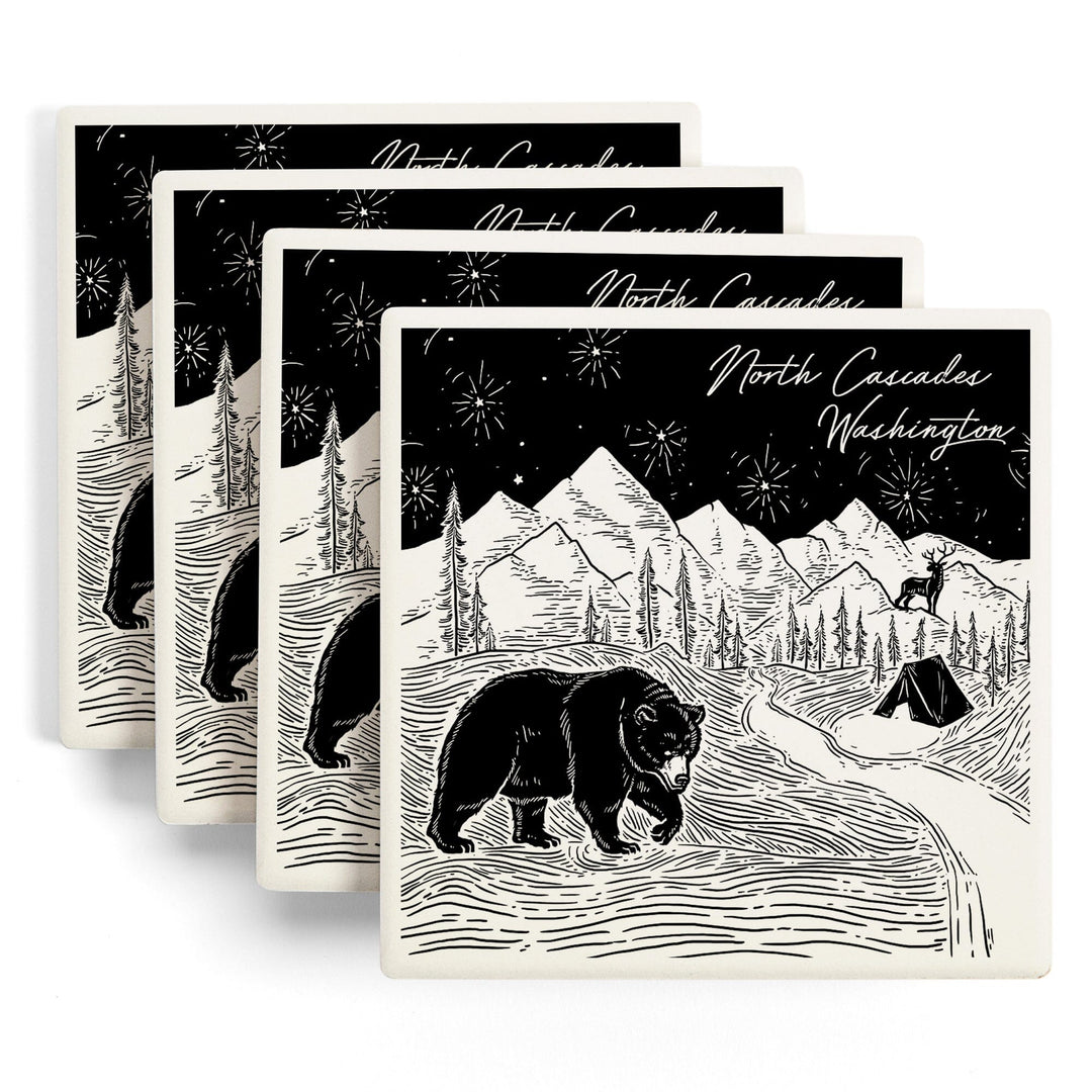 North Cascades, Washington, Mountain Scene with Bear, Coasters Coasters Lantern Press 