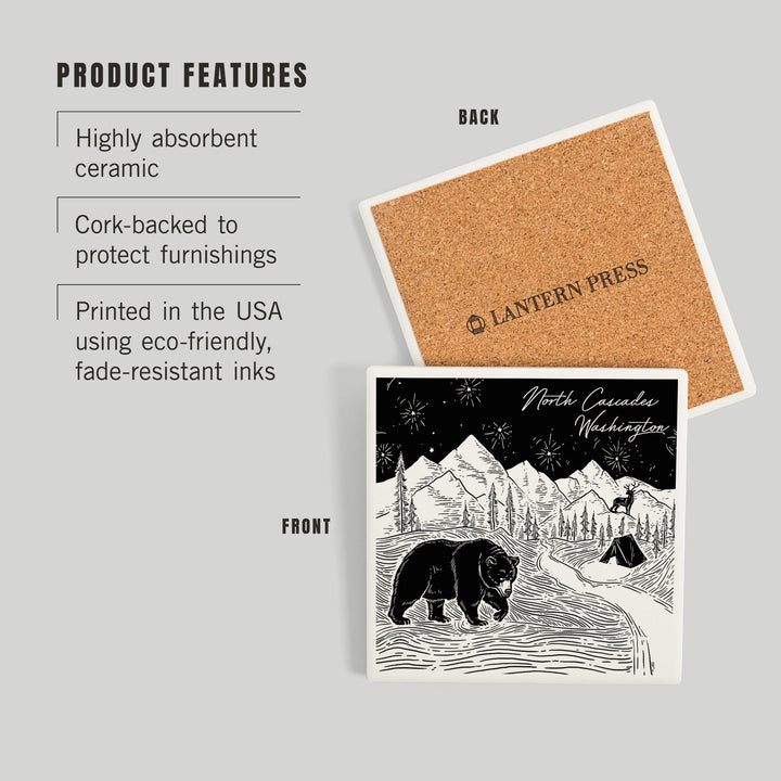 North Cascades, Washington, Mountain Scene with Bear, Coasters Coasters Lantern Press 