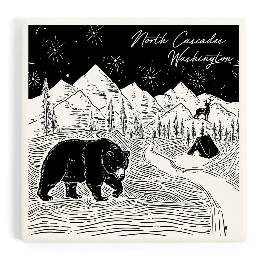 North Cascades, Washington, Mountain Scene with Bear, Coasters Coasters Lantern Press 