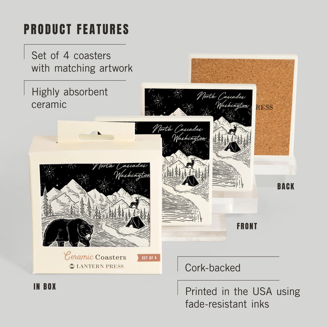 North Cascades, Washington, Mountain Scene with Bear, Coasters Coasters Lantern Press 