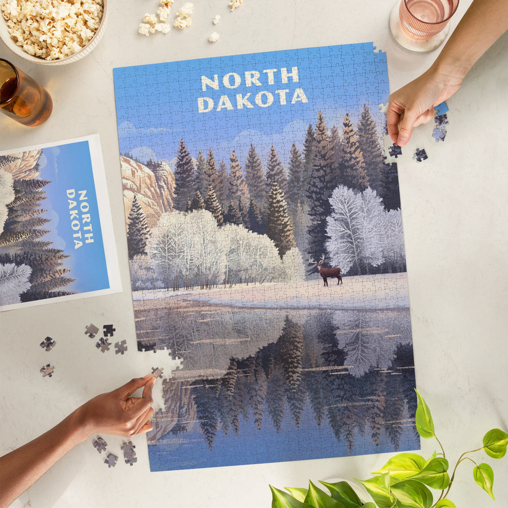 North Dakota, Lithograph, Lone Deer By Snowy Lake, Jigsaw Puzzle Puzzle Lantern Press 
