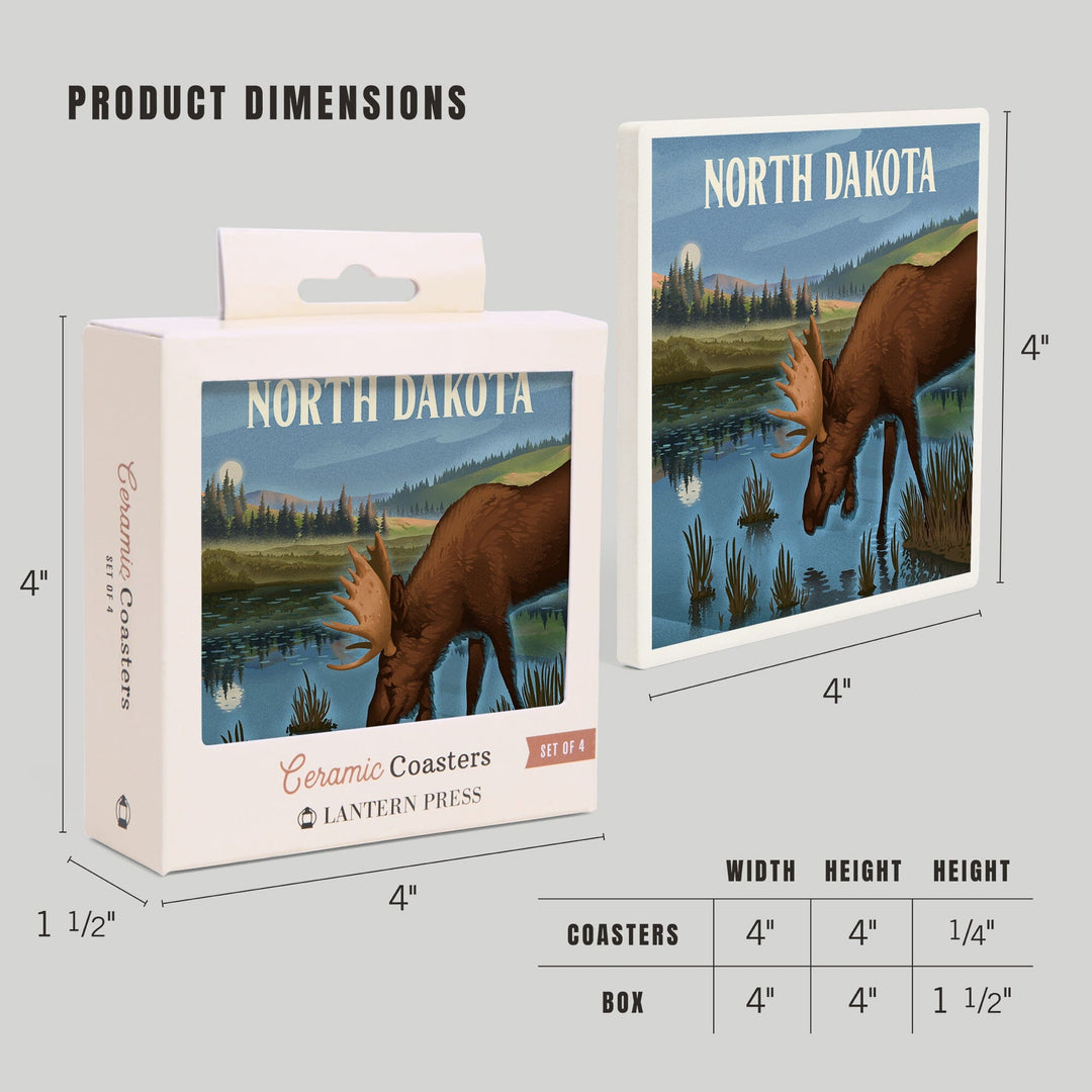 North Dakota, Lithograph, Reflection Pond and Bull Moose, Coasters Coasters Lantern Press 