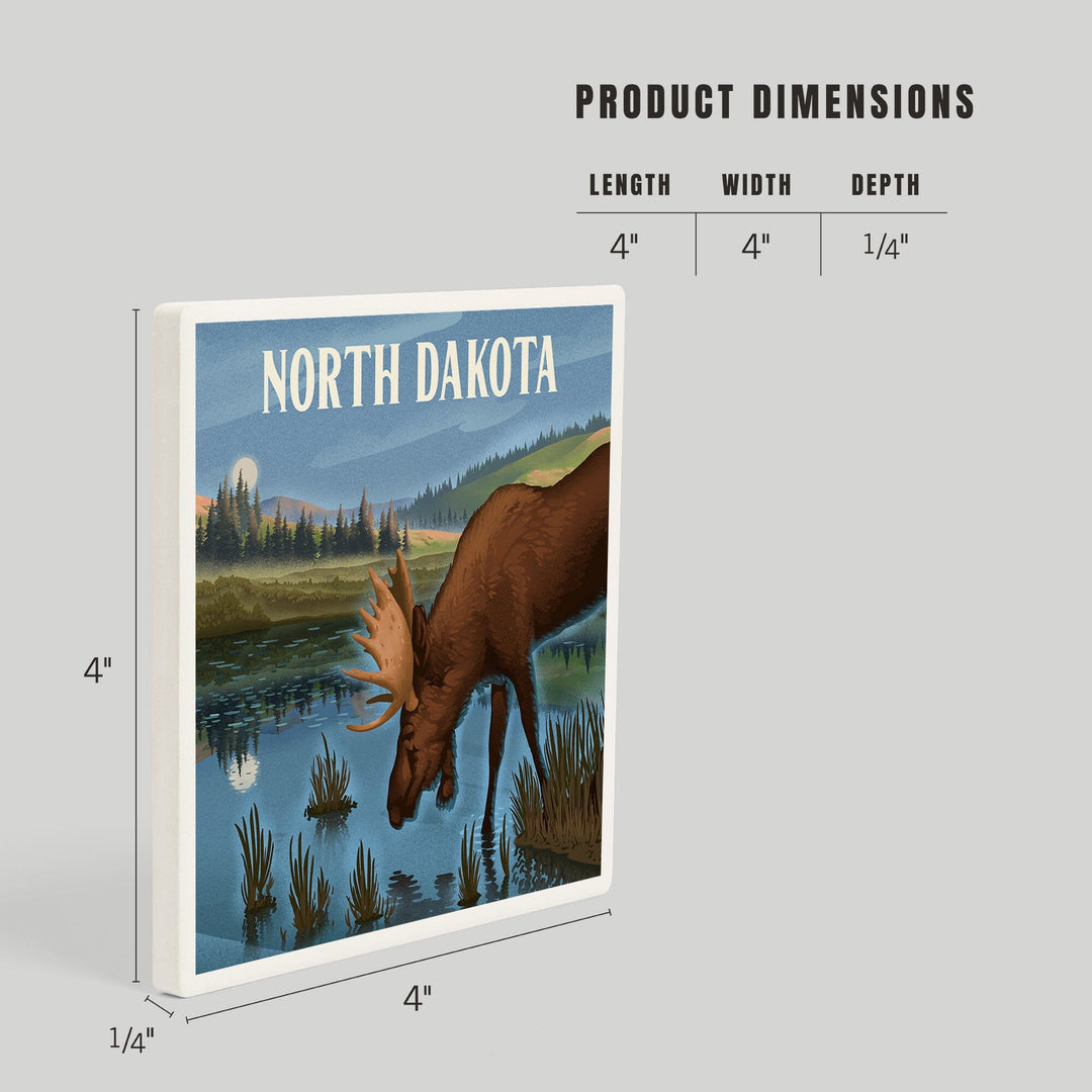 North Dakota, Lithograph, Reflection Pond and Bull Moose, Coasters Coasters Lantern Press 