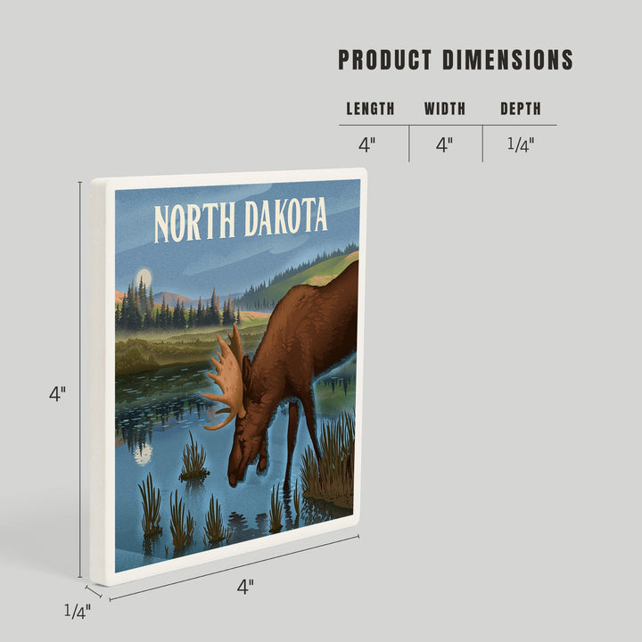 North Dakota, Lithograph, Reflection Pond and Bull Moose, Coasters Coasters Lantern Press 
