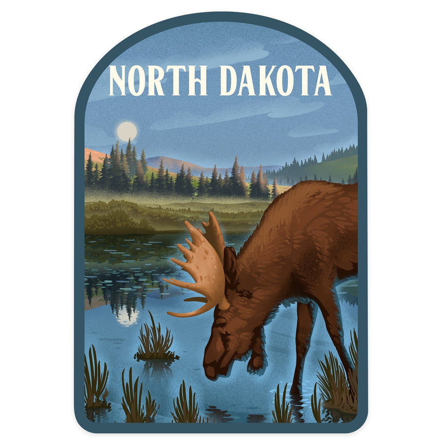 North Dakota, Lithograph, Reflection Pond and Bull Moose, Contour, Vinyl Sticker Sticker Lantern Press 