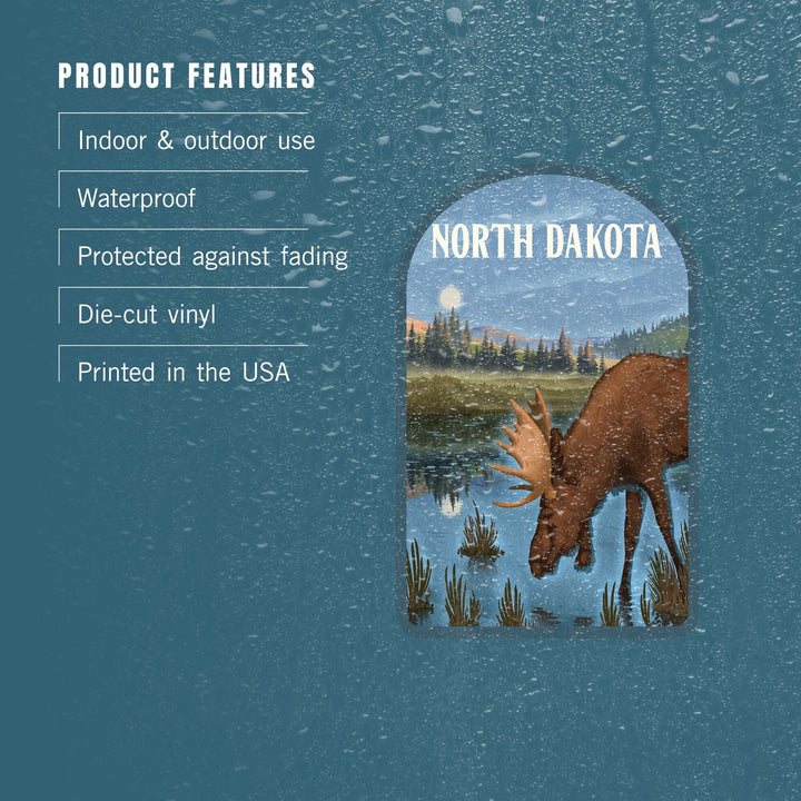 North Dakota, Lithograph, Reflection Pond and Bull Moose, Contour, Vinyl Sticker Sticker Lantern Press 