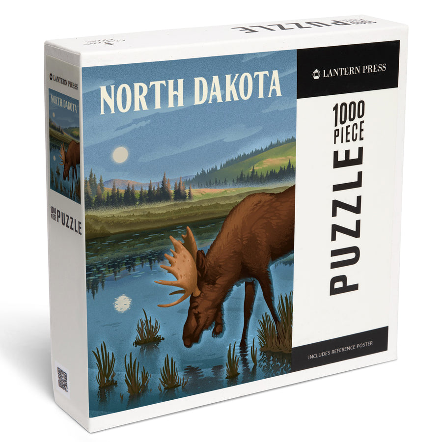 North Dakota, Lithograph, Reflection Pond and Bull Moose, Jigsaw Puzzle Puzzle Lantern Press 