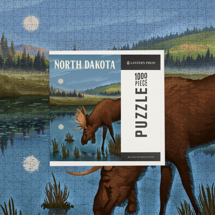 North Dakota, Lithograph, Reflection Pond and Bull Moose, Jigsaw Puzzle Puzzle Lantern Press 