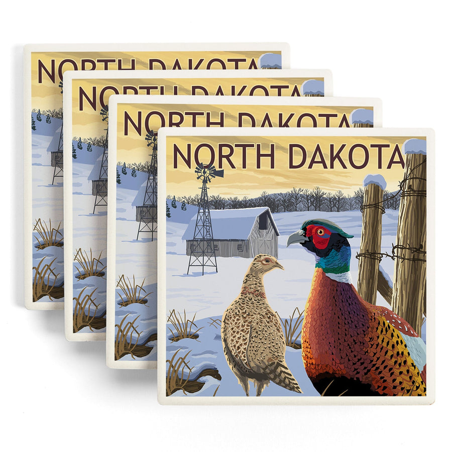 North Dakota, Pheasants, Lantern Press Artwork, Coaster Set Coasters Lantern Press 