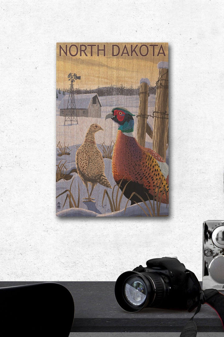 North Dakota, Pheasants, Lantern Press Artwork, Wood Signs and Postcards Wood Lantern Press 12 x 18 Wood Gallery Print 