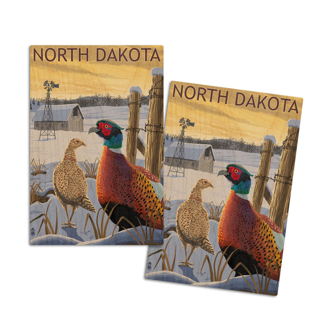 North Dakota, Pheasants, Lantern Press Artwork, Wood Signs and Postcards Wood Lantern Press 4x6 Wood Postcard Set 