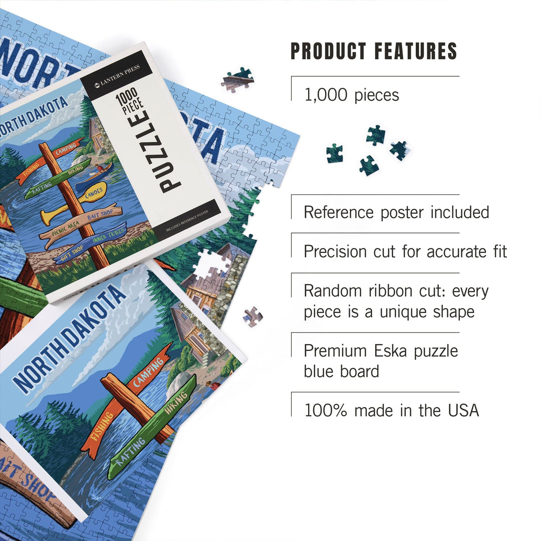 North Dakota, Signpost, River, Jigsaw Puzzle Puzzle Lantern Press 