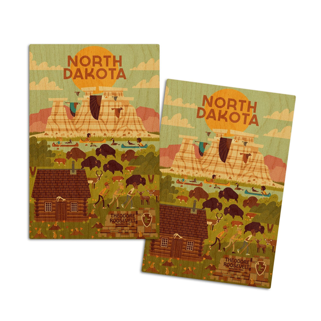 North Dakota, Theodore Roosevelt National Park, Geometric National Park Series, Lantern Press Artwork, Wood Signs and Postcards Wood Lantern Press 4x6 Wood Postcard Set 