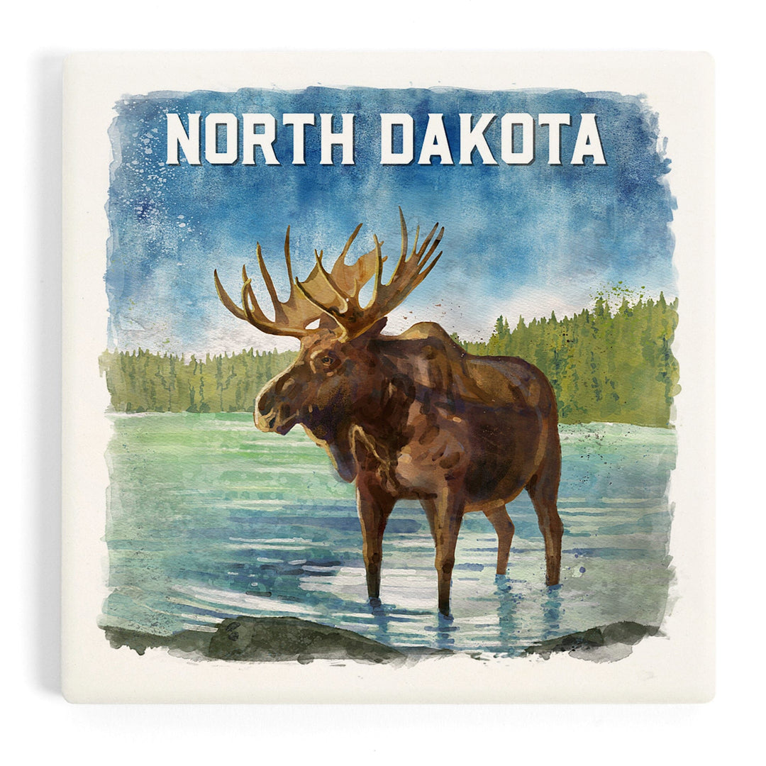 North Dakota, Watercolor Study, Moose, Coasters Coasters Lantern Press Coaster 