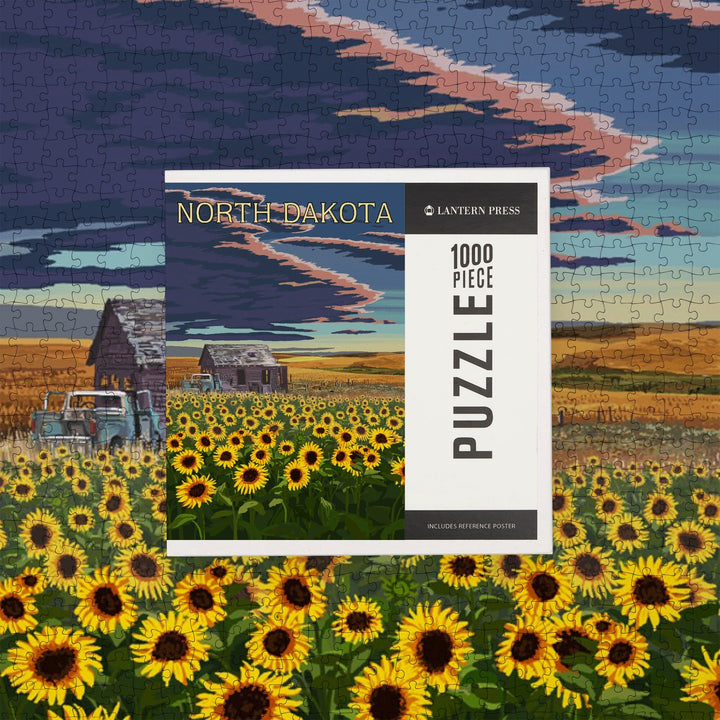 North Dakota, Wheat Fields, Shack and Sunflowers, Jigsaw Puzzle Puzzle Lantern Press 