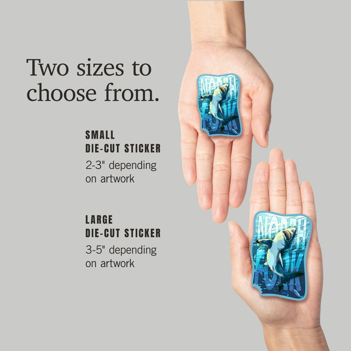 North Fork, New York, Great White Shark, Contour, Vinyl Sticker Sticker Lantern Press 