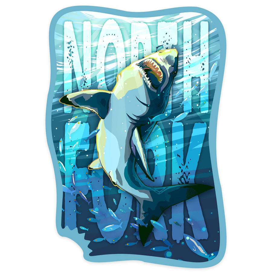 North Fork, New York, Great White Shark, Contour, Vinyl Sticker Sticker Lantern Press 